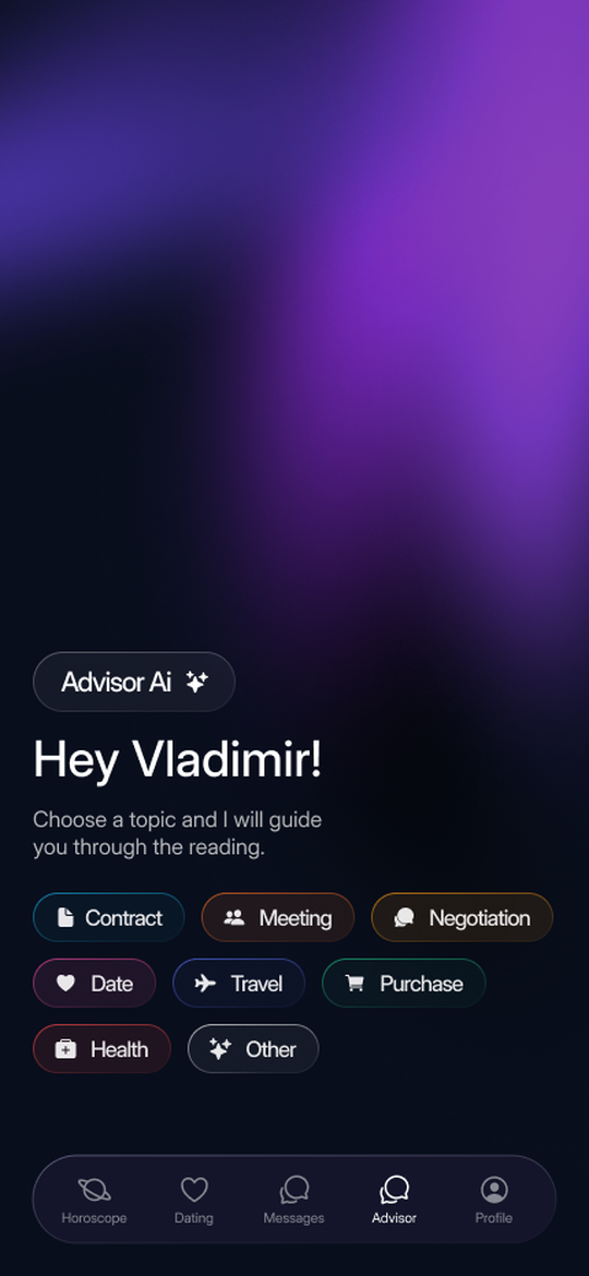 AstraLink AI Advisor: choose a topic such as Contract, then a date
