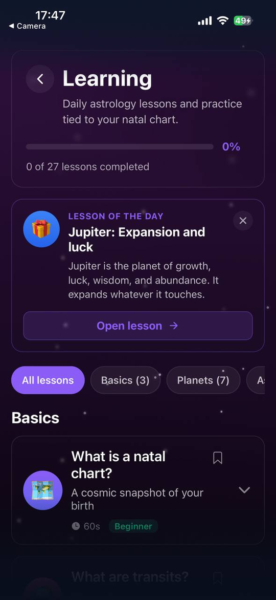 AstraLink Academy: lesson of the day and personalised lessons for your chart