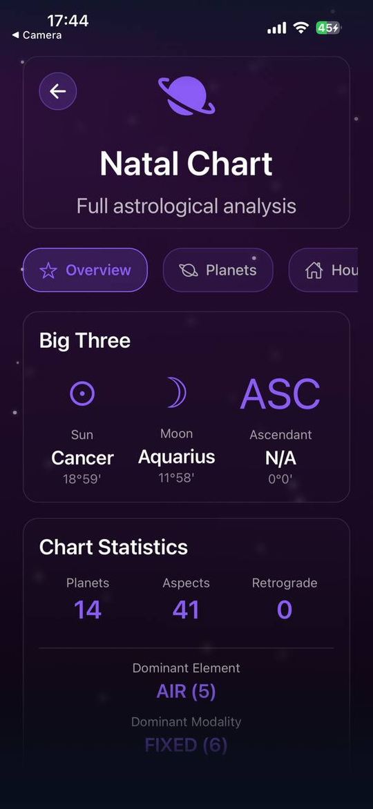 AstraLink app: natal chart wheel with Chart Reading, Personal Code, Compatibility, Cosmic Simulator and Learning