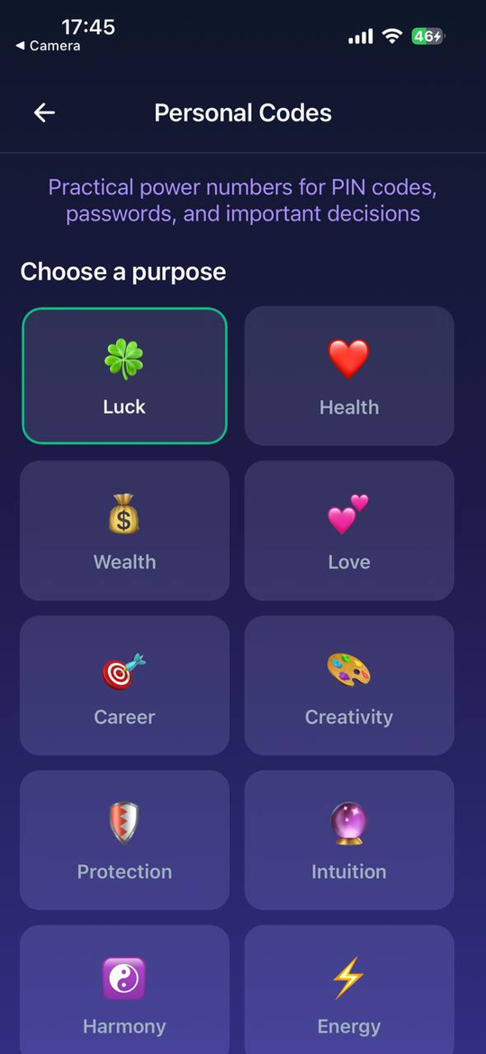 AstraLink Personal Codes: choose a goal such as luck, health, wealth or love